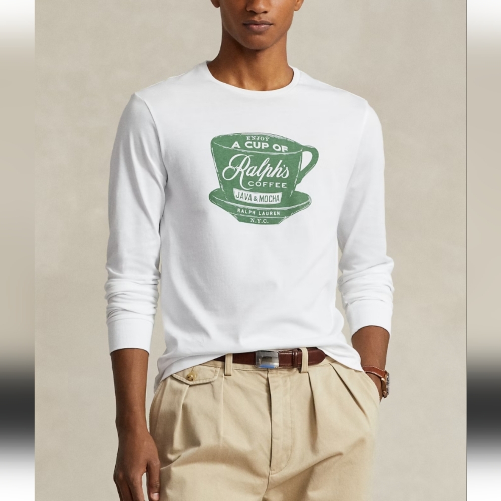 Ralph Lauren White Long Sleeve Tee with Green Coffee Graphic